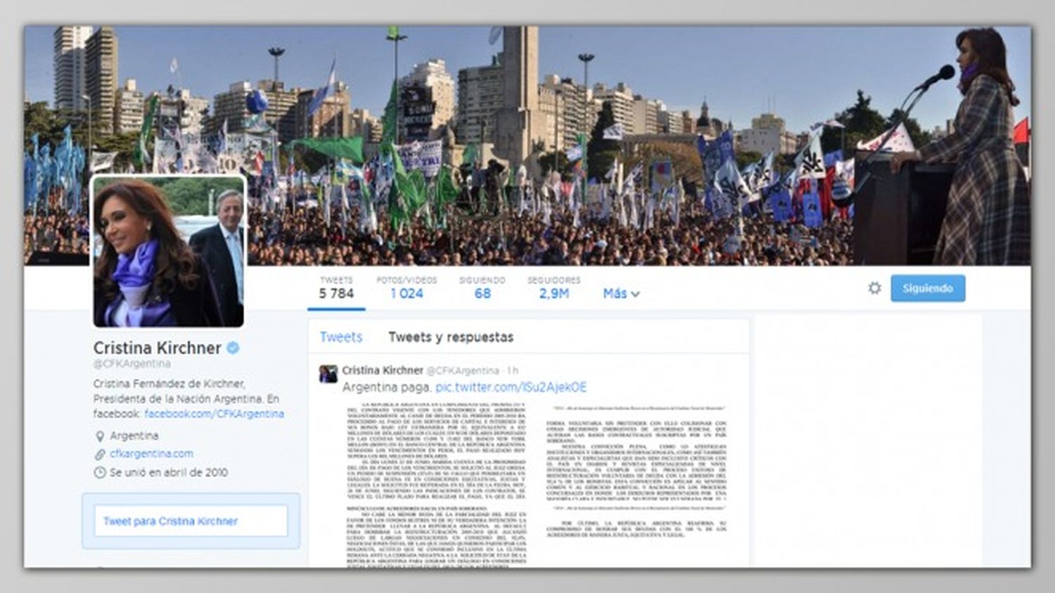 Cristina Fernández: "Argentina paga"