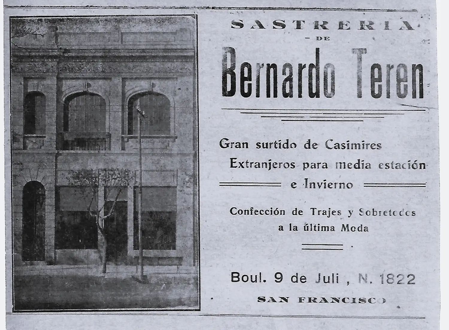 El edificio de la sastrería de Bernardo Terén en publicidad del año 1929 (Archivo Gráfico y Museo Histórico)