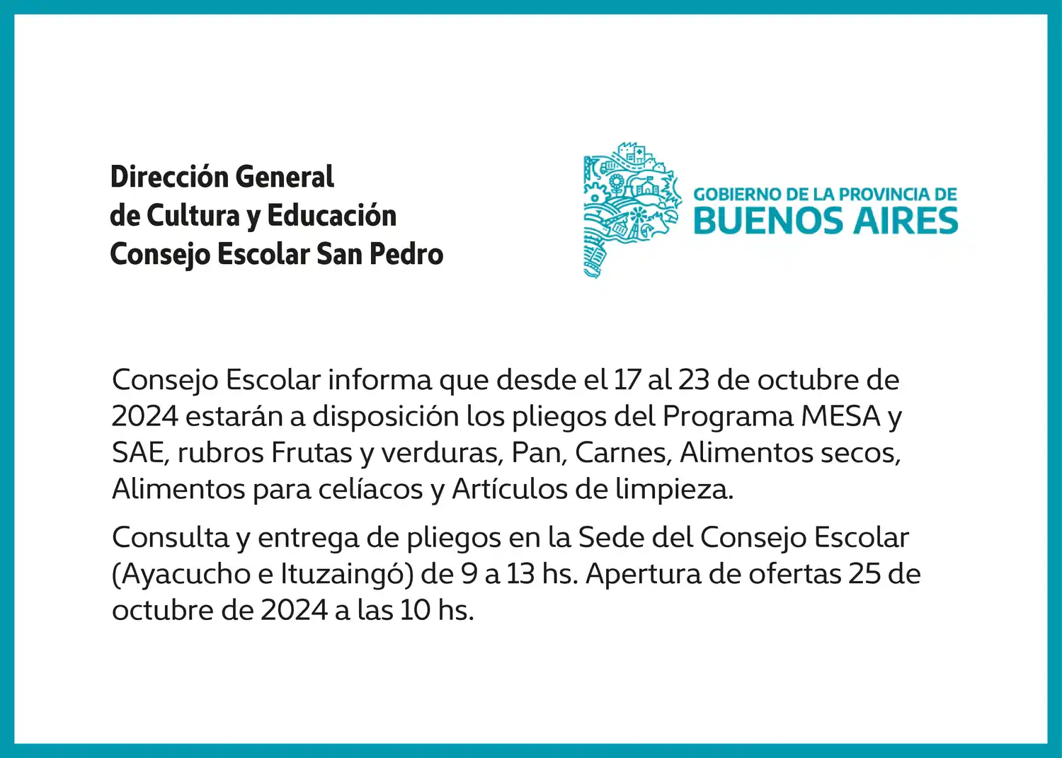 [Publicación Oficial] Consejo Escolar San Pedro: Pliegos MESA y SAE a disposición