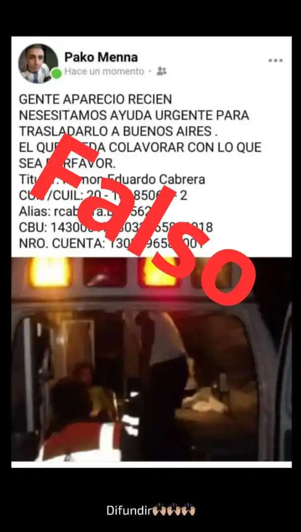 Advierten sobre una falsa publicación que solicita dinero para Agustín
