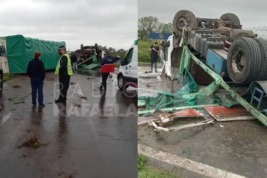Impactante accidente de tránsito: perdió el control y volcó un camión Fiat Iveco con acoplado en la Autopista Rosario-Santa Fe