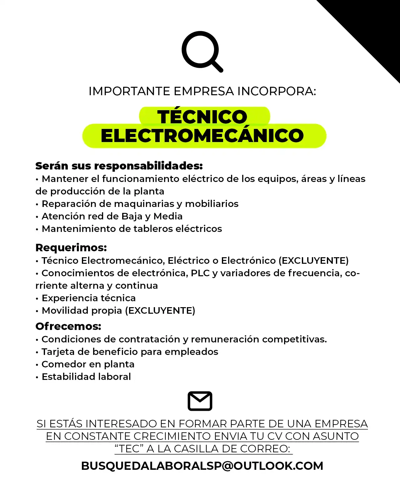 Importante empresa busca técnico electromecánico