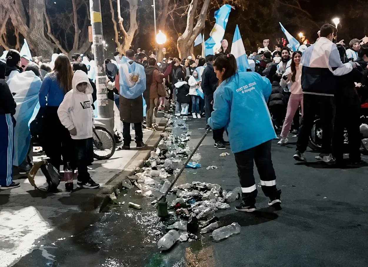 Los festejos en el Monumento a San Martín dejaron destrozos y suciedad.