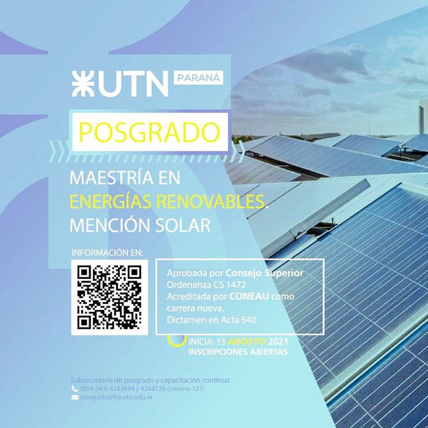 UTN Paraná: El 13 de agosto  comienza la Maestría en  Energías Renovables