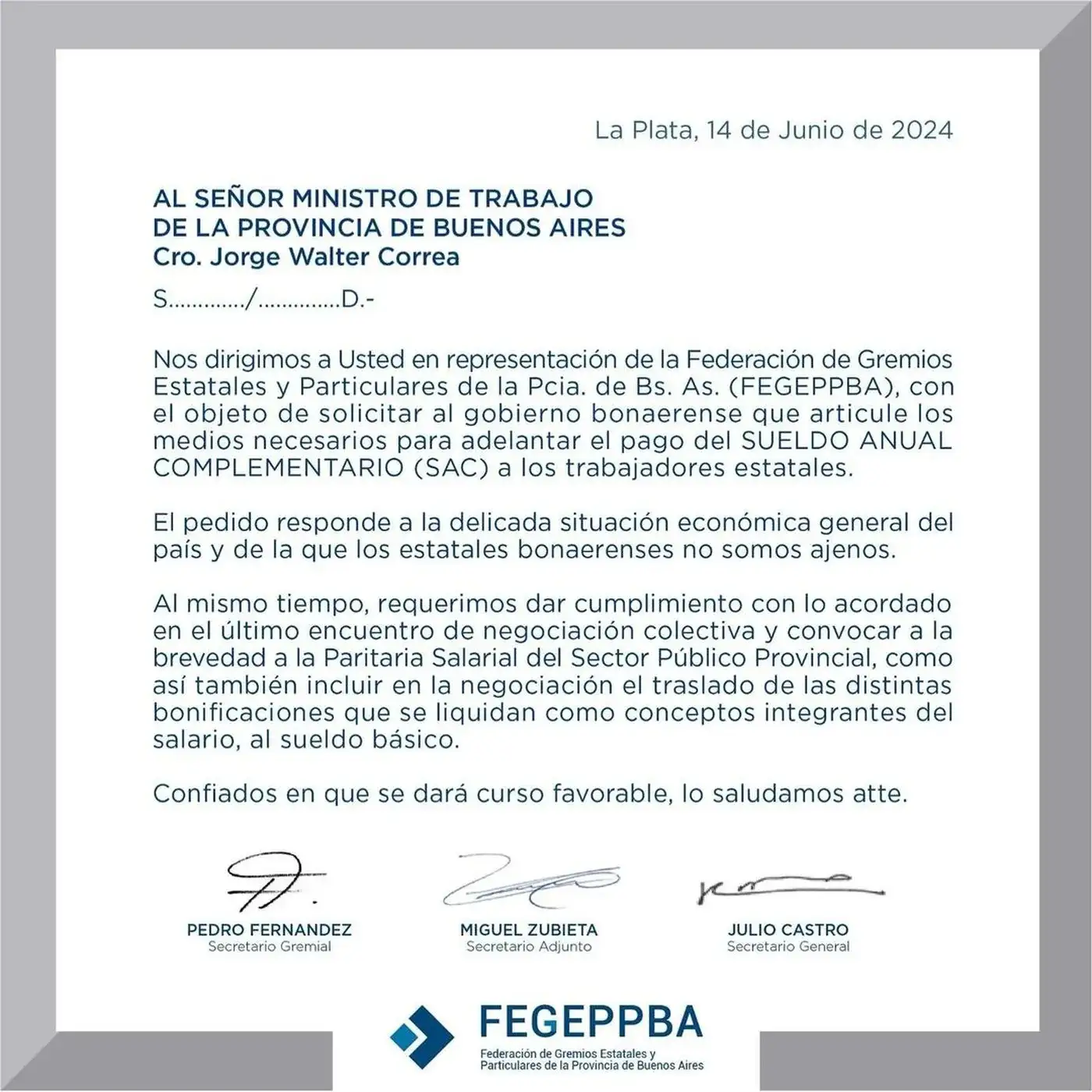 La nota presentada por el gremio.