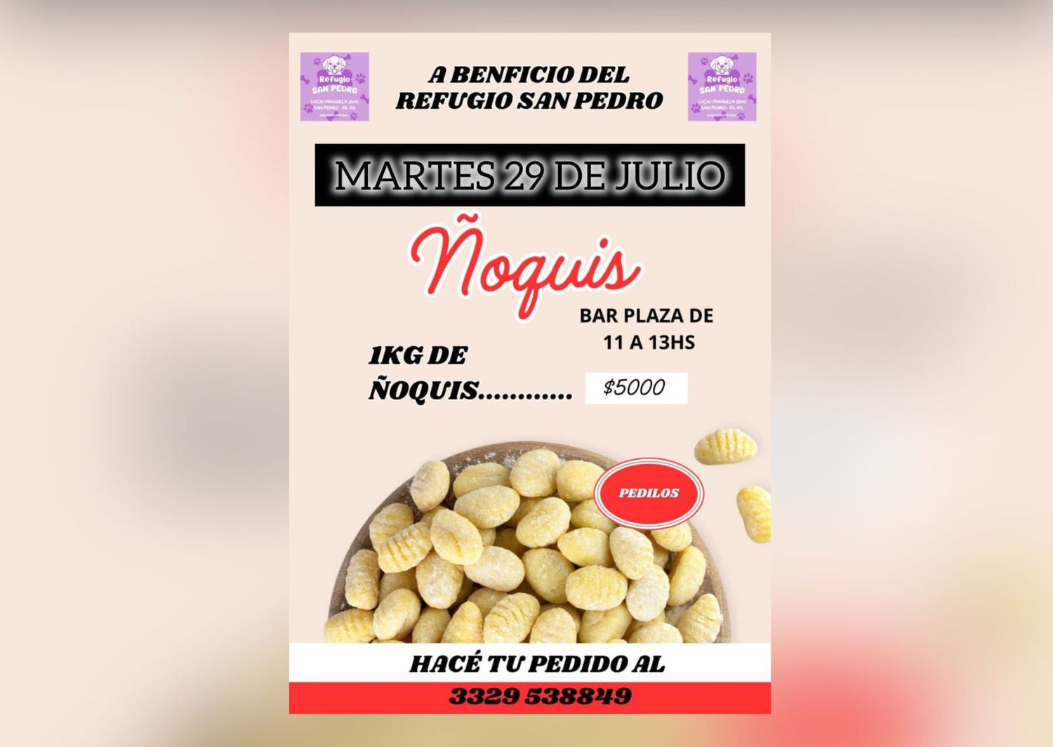Ñoquis a beneficio del Refugio San Pedro