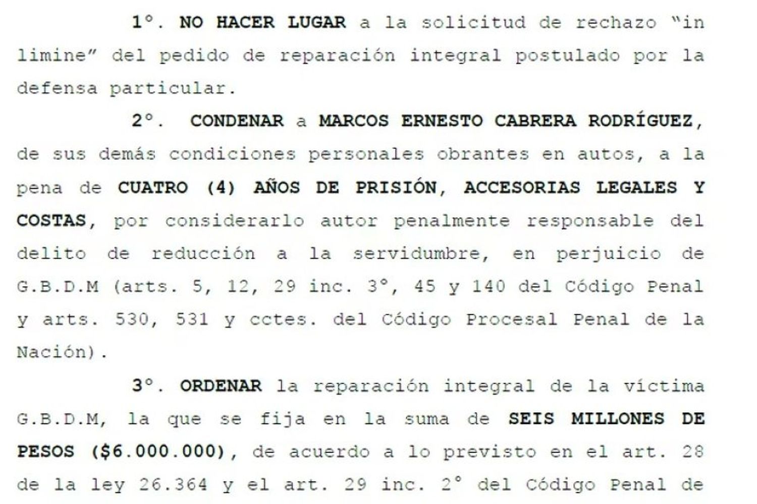 Fragmento de la condena a Cabrera