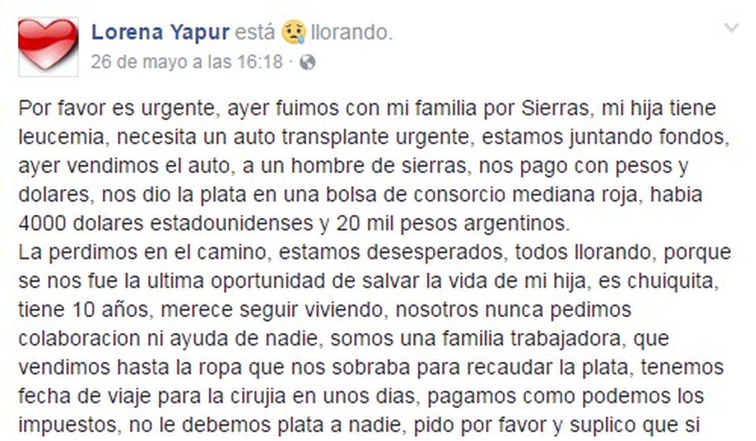 Perdió el dinero para operar a su hija, una mujer lo encontró y se lo devolvió