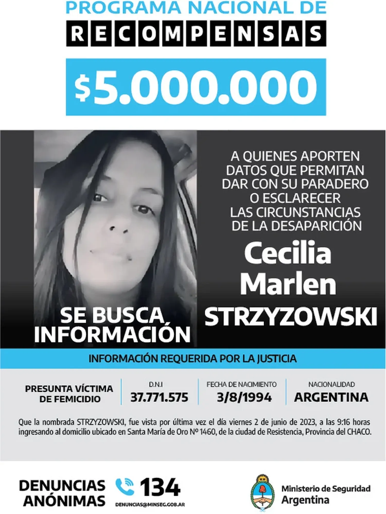 Caso Cecilia: el Gobierno nacional ofreció $5 millones de recompensa por cualquier información valiosa