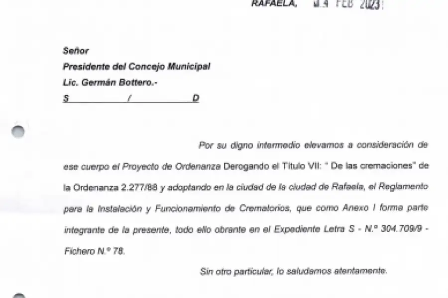 Proyecto de Ordenanza ingresado