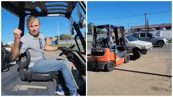 "A CORRERLOOOO!!!!!!": Marcos Di Palma usó un autoelevador para mover un auto mal estacionado en la entrada de su taller