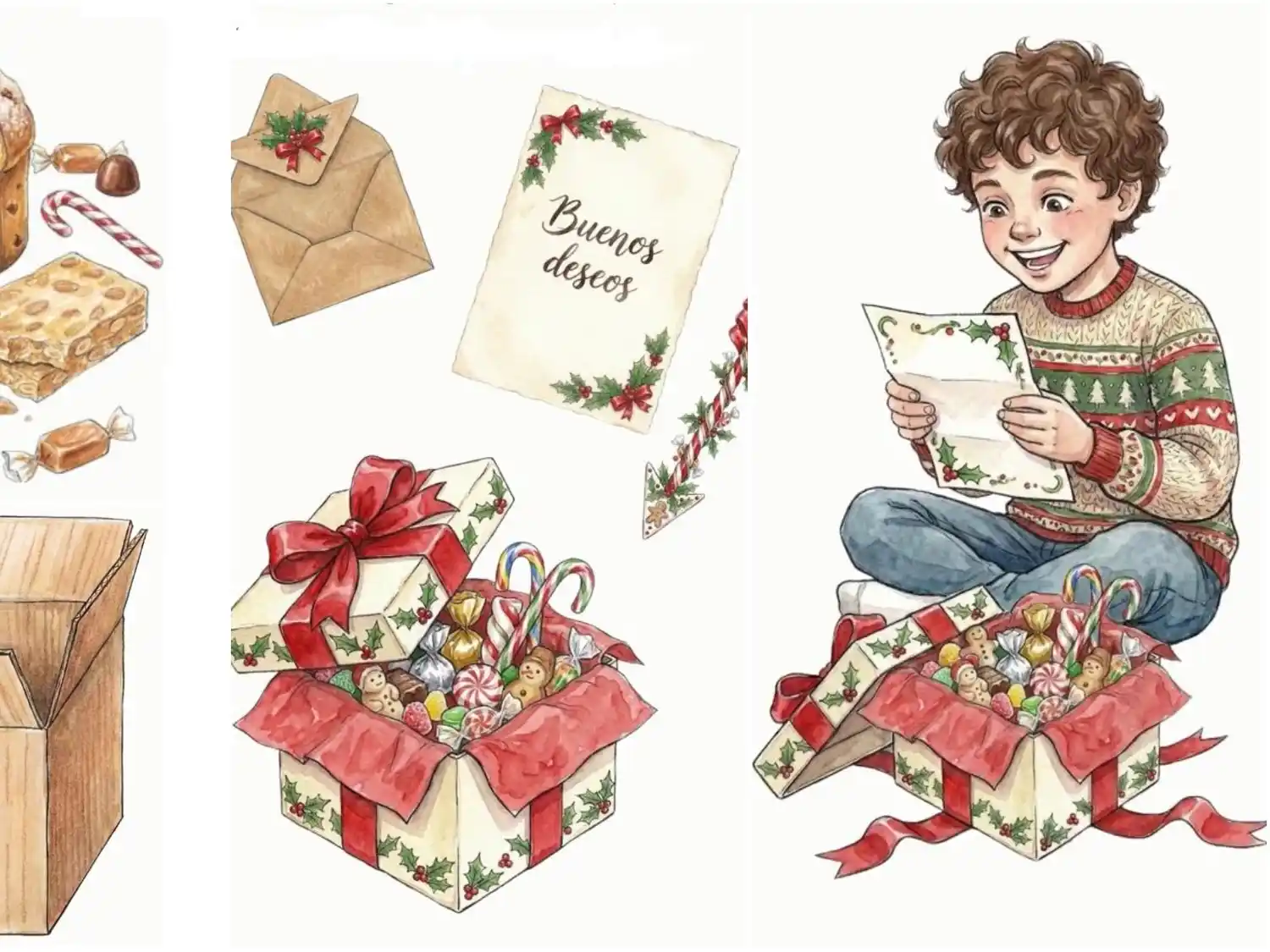 Las cajas pueden incluir pan dulce, turrones, bombones, golosinas u otros productos tradicionales.