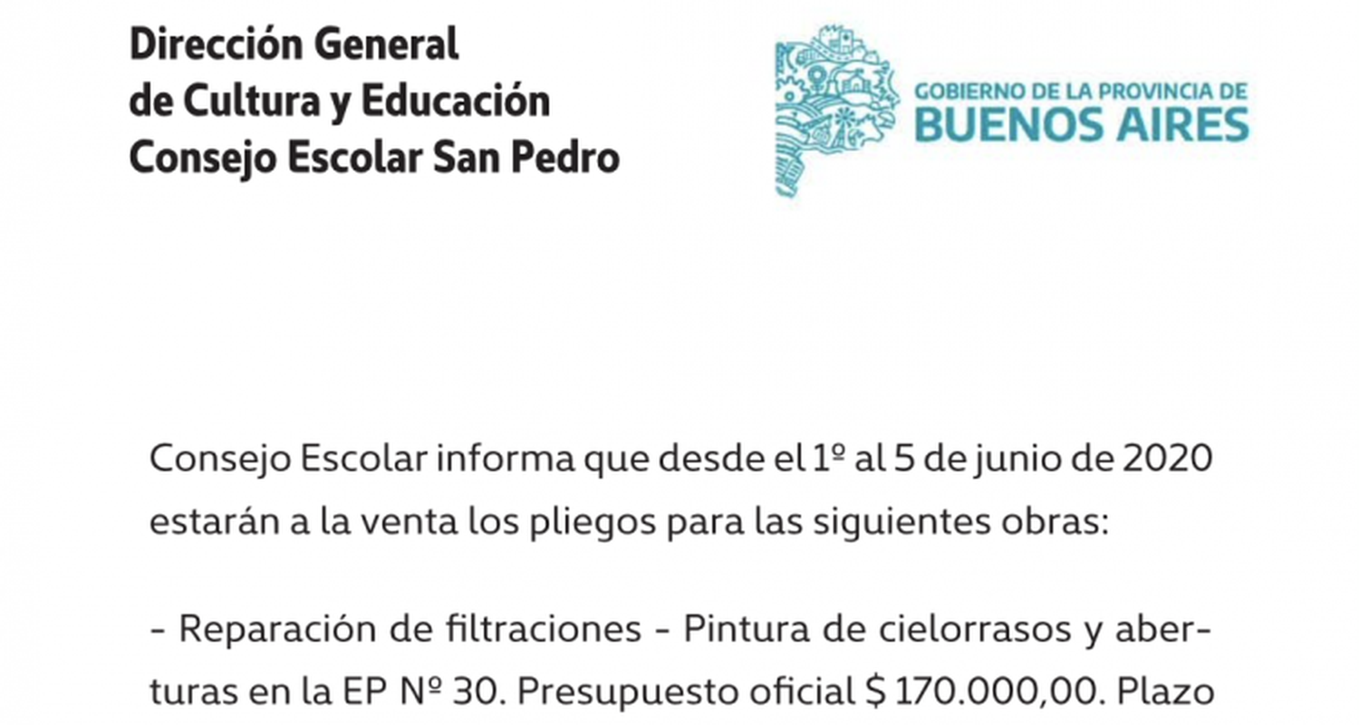 [Publicación Oficial] Informe Consejo Escolar: Venta de pliegos para obras