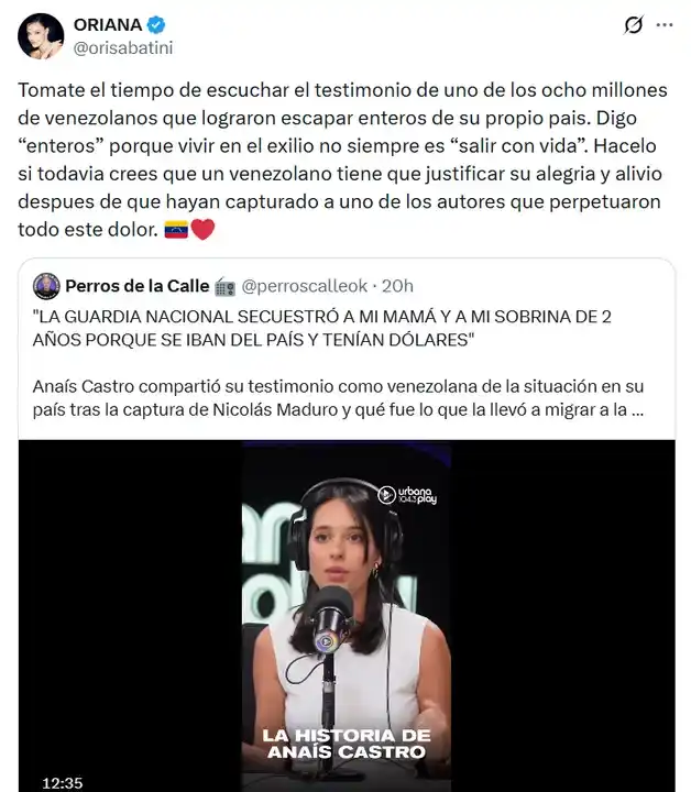 APOYO DE ORIANA SABATINI A VENEZUELA