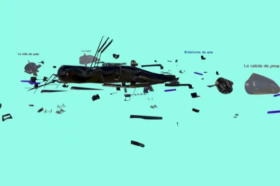 Reconstrucción de cómo quedaron los restos del submarino ARA San Juan después de la segunda implosión que lo hizo descender a más de 907 metros de profundidad