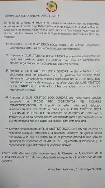 Este es el comunicado oficial de la Conmebol