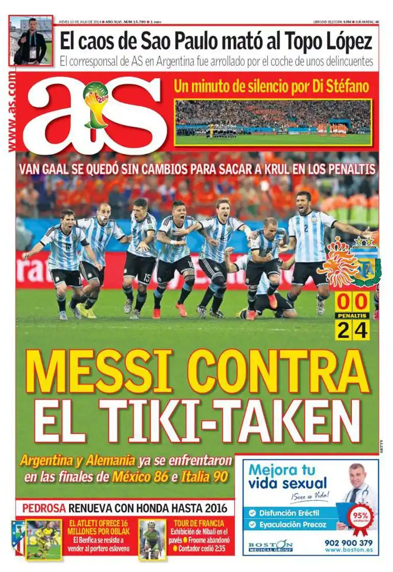 En Brasil hinchan por Alemania y el mundo destaca el pase de Argentina a la final