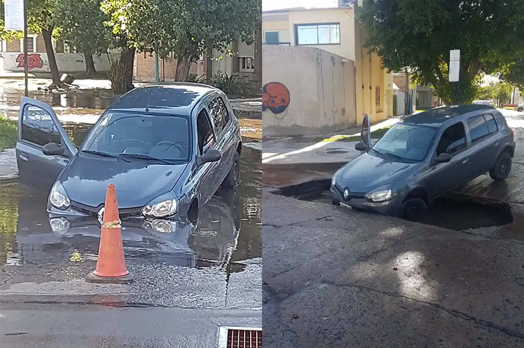 Un auto quedó atrapado en un socavón: “Cuando alguien piense que tiene un mal día, que recuerde que esto es mala suerte”