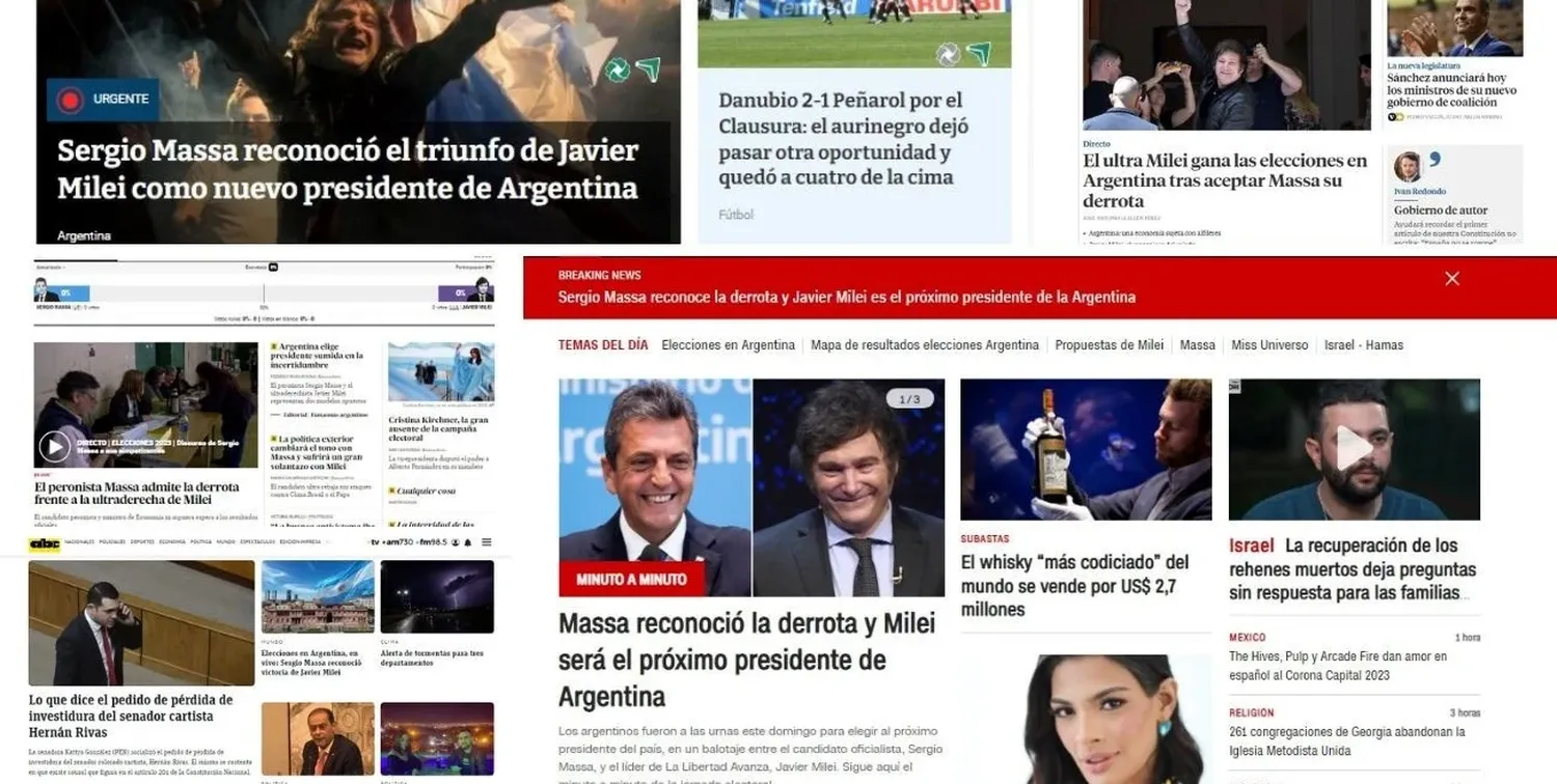 Relevamiento de cómo trataron la noticia de la victoria de Javier Milei sobre Sergio Massa.