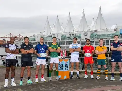 Los capitanes en la previa del Seven de Vancouver, con Santiago Álvarez representado a la albiceleste. Foto: Los Pumas 7