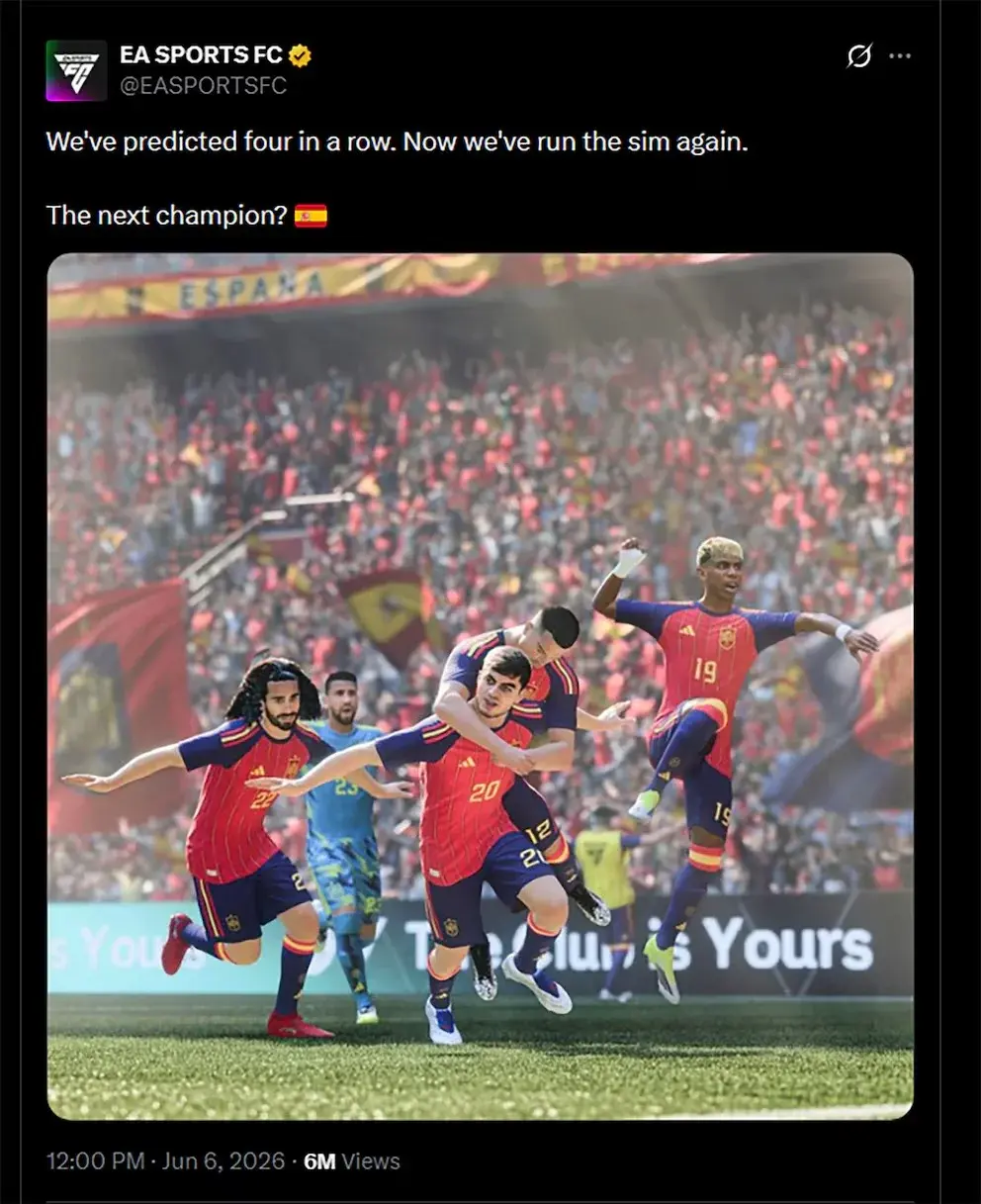 Simulación de EA Sports FC 26 muestra a jugadores de España celebrando, anticipando su victoria en la Copa Mundial FIFA 2026, tras exitosas predicciones previas.