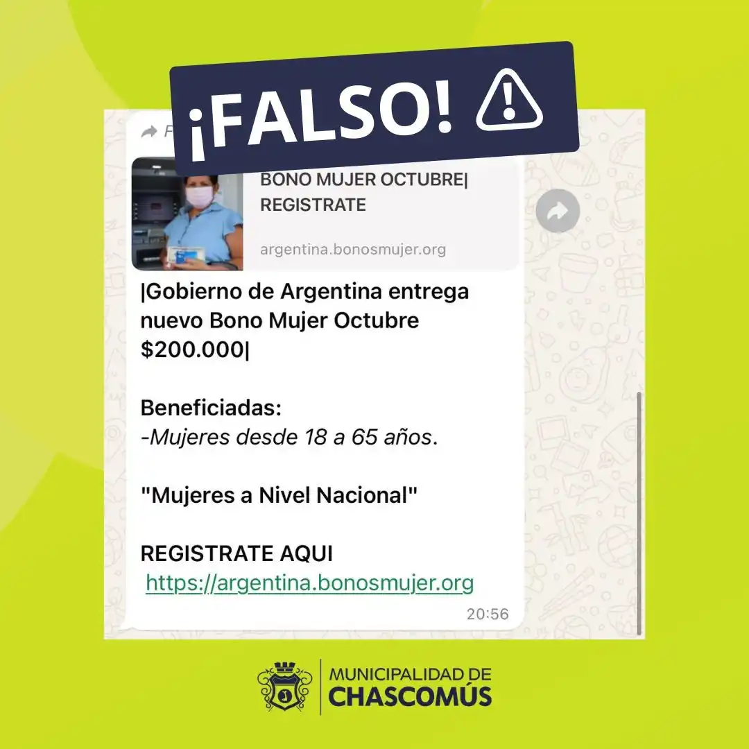 Alerta por estafa virtual en Chascomús: Falsa oferta de “Bono Mujer”