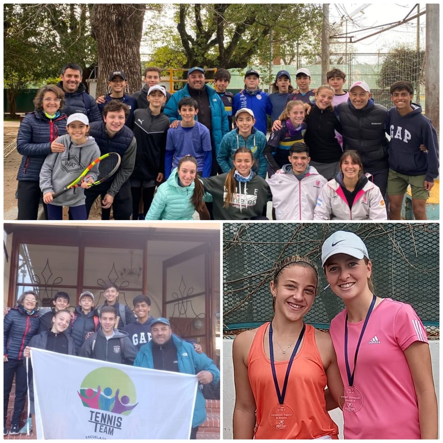 En la gráfica se aprecian (arriba) participantes de ambas academias; (abajo-izquierda) el Equipo de Tennis Team y (abajo-derecha) Josefina López y Nicole Gamboa Campeonas en Dobles 4º Torneo Regional FST.