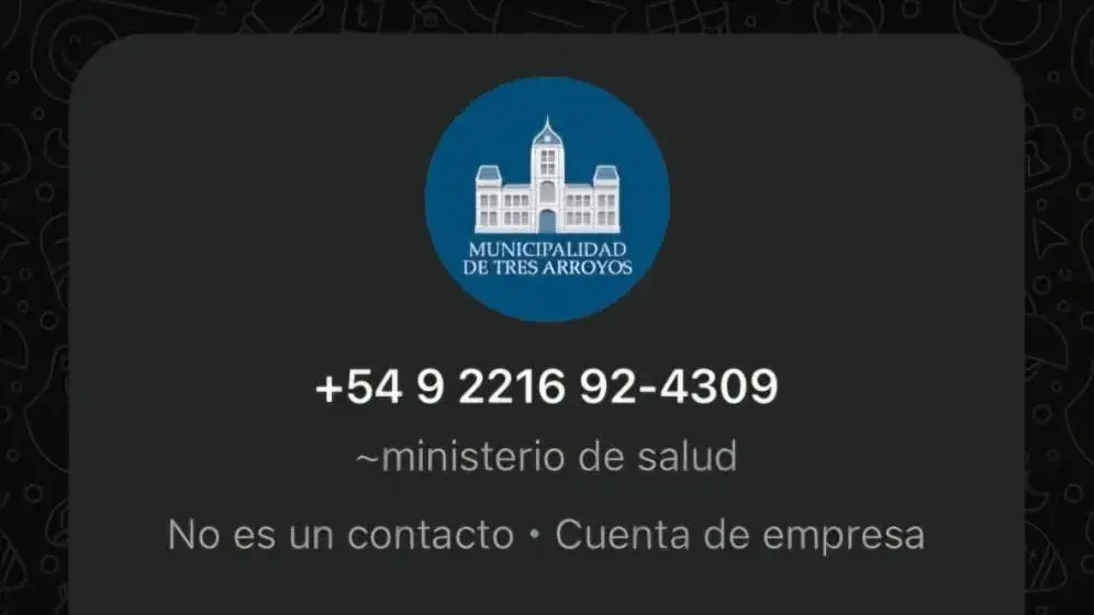 Perfil del número de WhatsApp con el antiguo logo de la Municipalidad de Tres Arroyos.