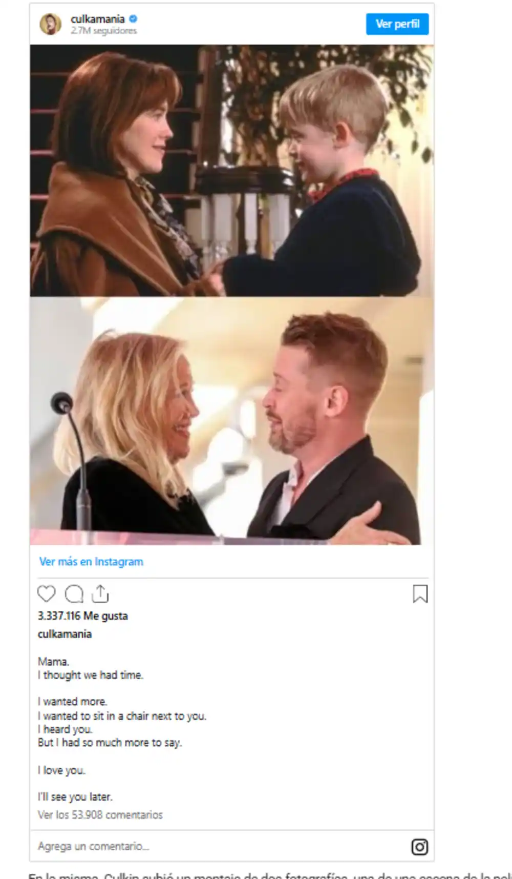 Macaulay Culkin se despide de Catherine O’Hara, su «madre» en "Mi pobre Angelito"