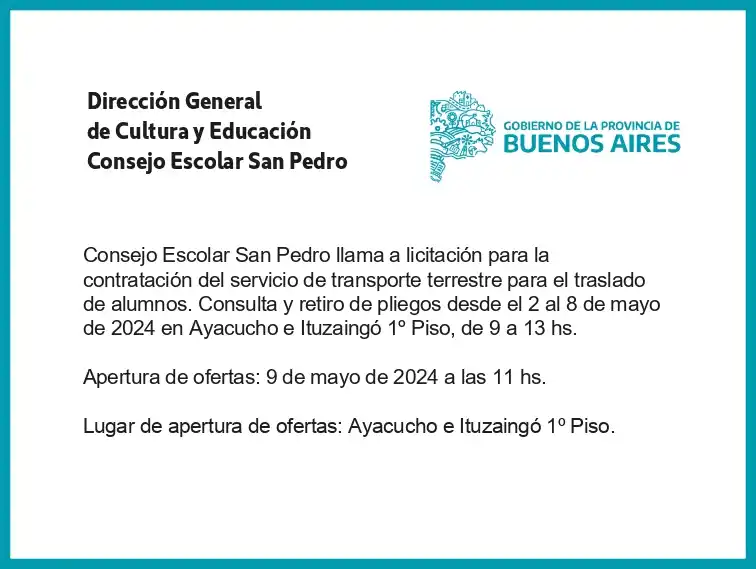 [Publicación Oficial] Consejo Escolar San Pedro: Licitación servicio de transporte