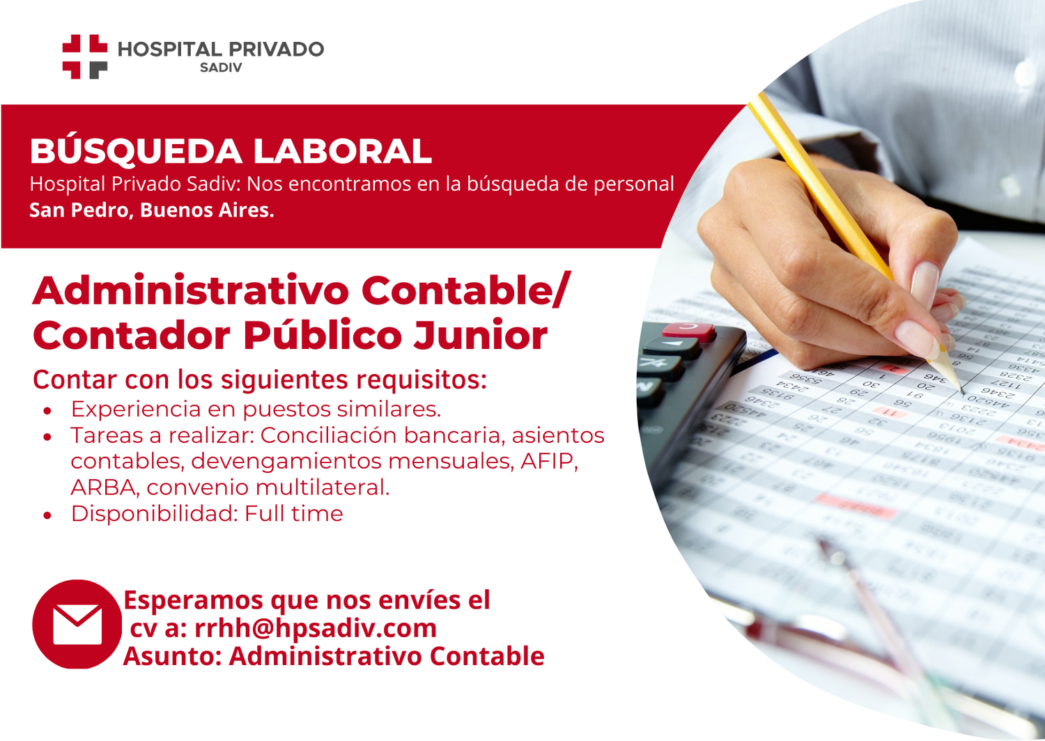 Búsqueda laboral - Administrativo contable para Hospital Sadiv