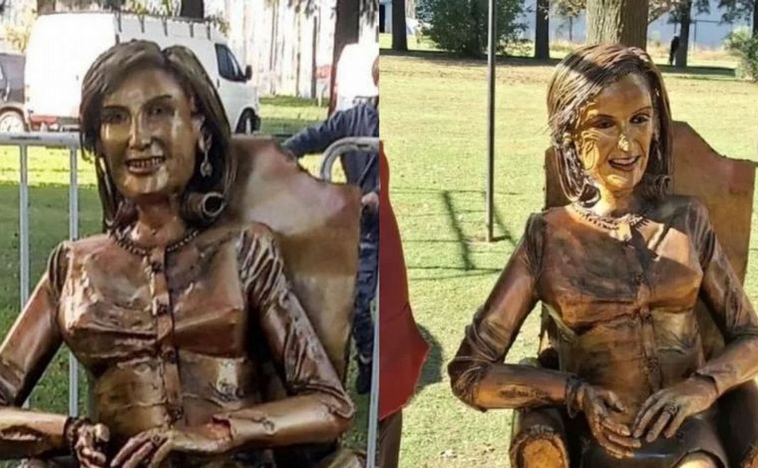 El antes y el después de la estatua de hierro de la "diva de los almuerzos". Foto. Gentileza