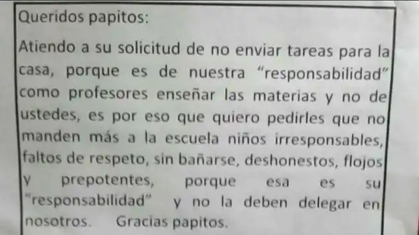 La irónica carta en respuesta a las quejas de los padres por enviar tarea