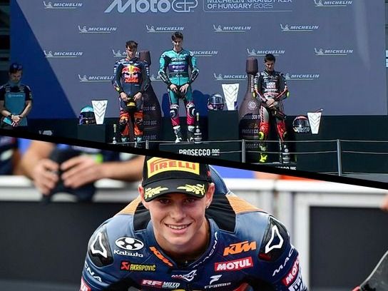 Perrone en el segundo lugar del podio de Moto 3 en Hungría.Foto:ESPN