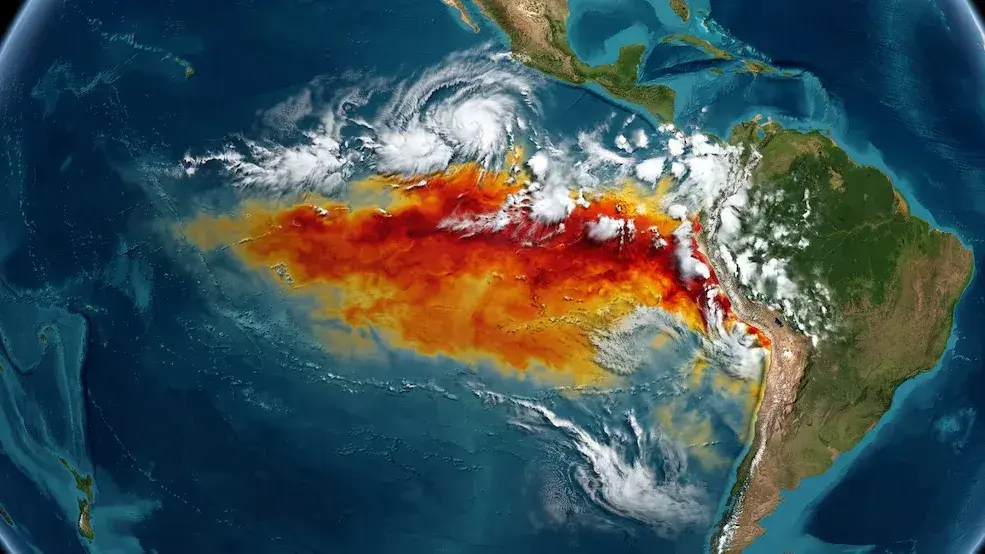 Un mapa satelital ilustra el calentamiento de las aguas del océano Pacífico ecuatorial y la formación de nubes asociadas al fenómeno de El Niño frente a Sudamérica (Imagen Ilustrativa Infobae)