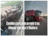 Gualeguay: violento choque entre un camión y una cosechadora en Ruta 11 dejó un camión caído al arroyo