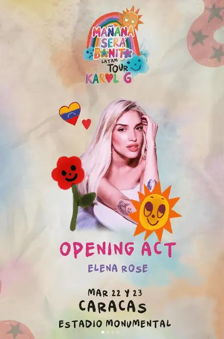 Elena Rose hará una antesala a Karol G. Foto Instagram