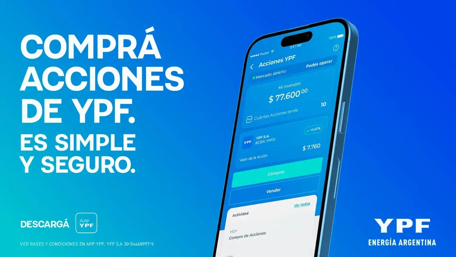 App YPF incorporó la posibilidad de comprar y vender acciones de la compañía directamente desde la aplicación durante el horario de mercado.