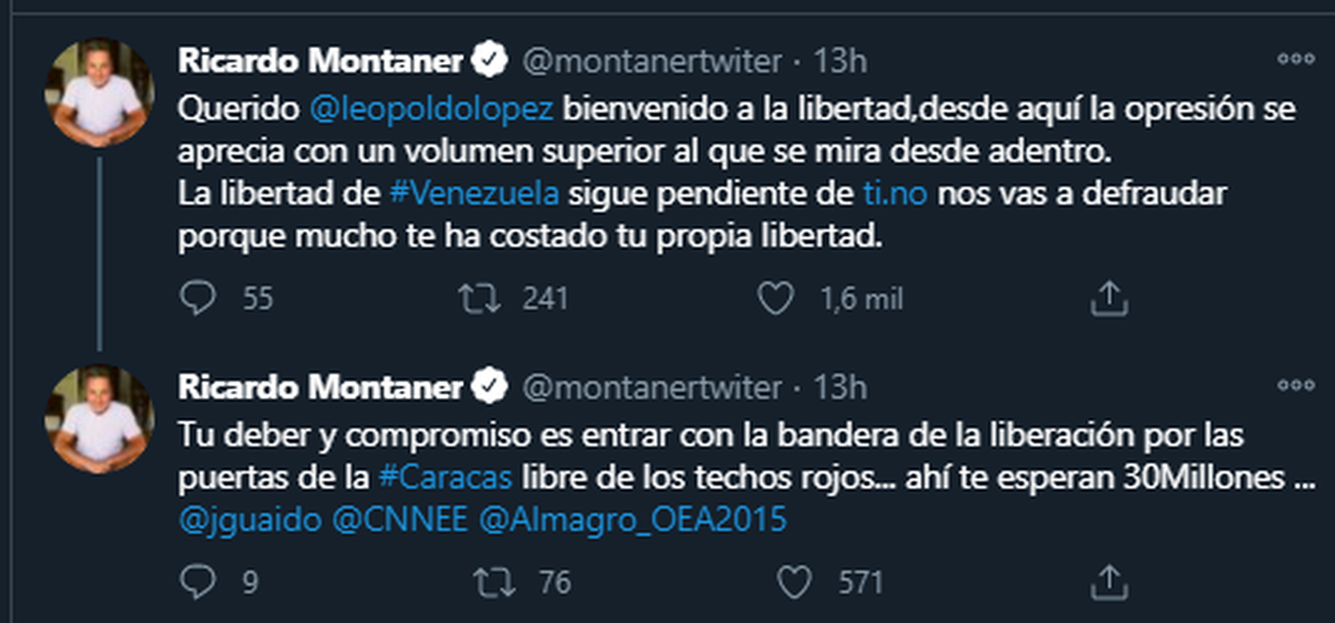 Ricardo Montaner expresó su apoyo a López. Foto: Twitter