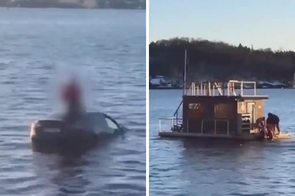 El destino unió a los ocupantes del vehículo eléctrico con una sauna flotante en las frías aguas de un fiordo noruego tras un inesperado accidente