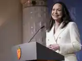 María Corina Machado brindó una conferencia de prensa en Noruega.