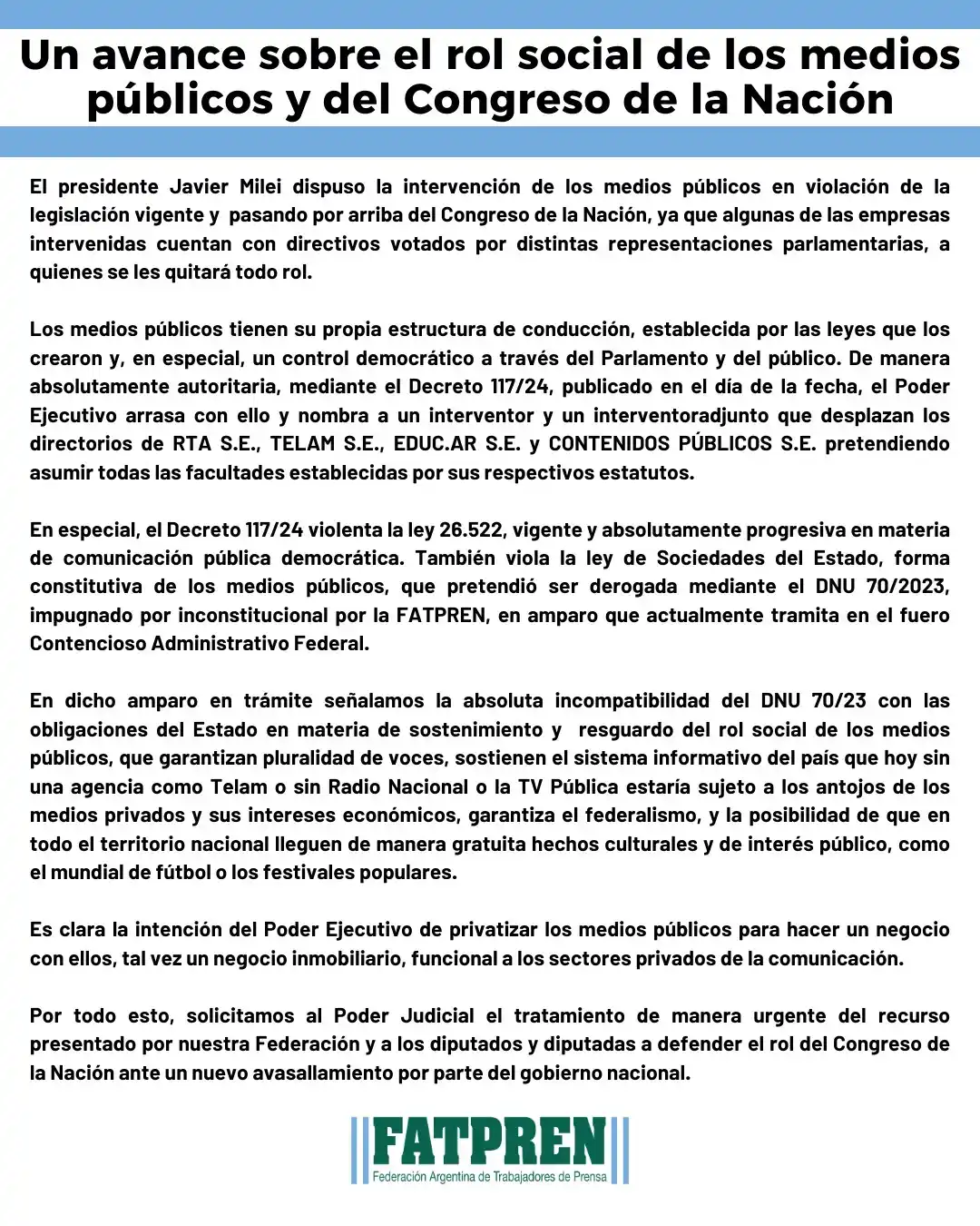 Comunicado emitido por FATPREN.