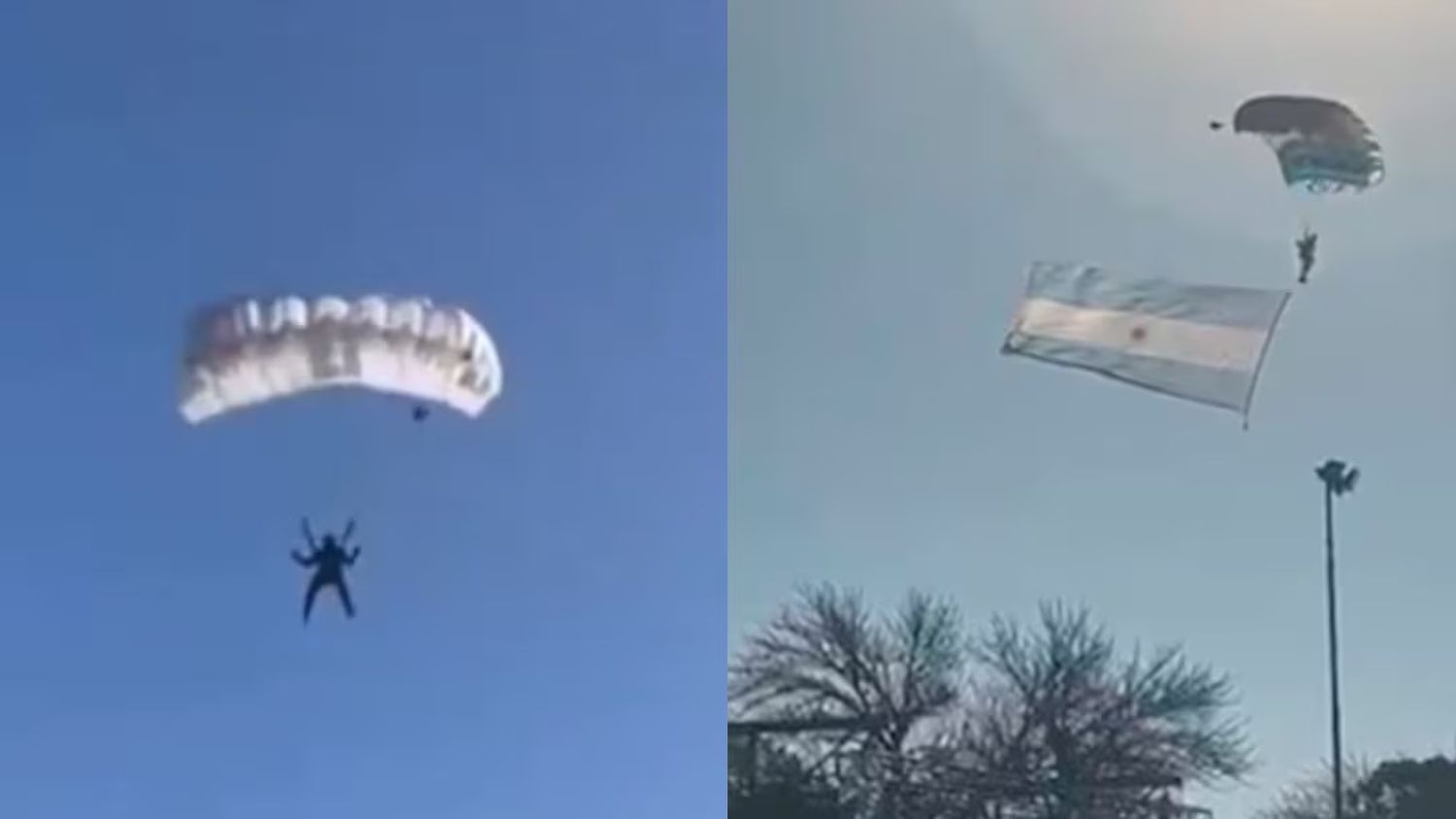 Insólito aterrizaje en Córdoba: el viento desvió a paracaidistas durante un acto por el Día de la Bandera
