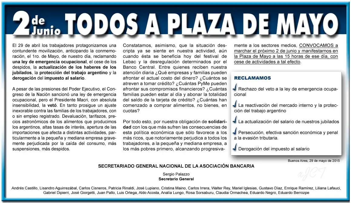 Jueves 2 de junio sin bancos: Paro y movilización a Plaza de Mayo 