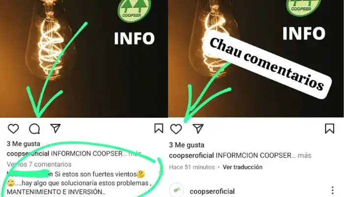 Coopser: se cortó la luz, la gente opinó en sus redes y eliminaron los comentarios
