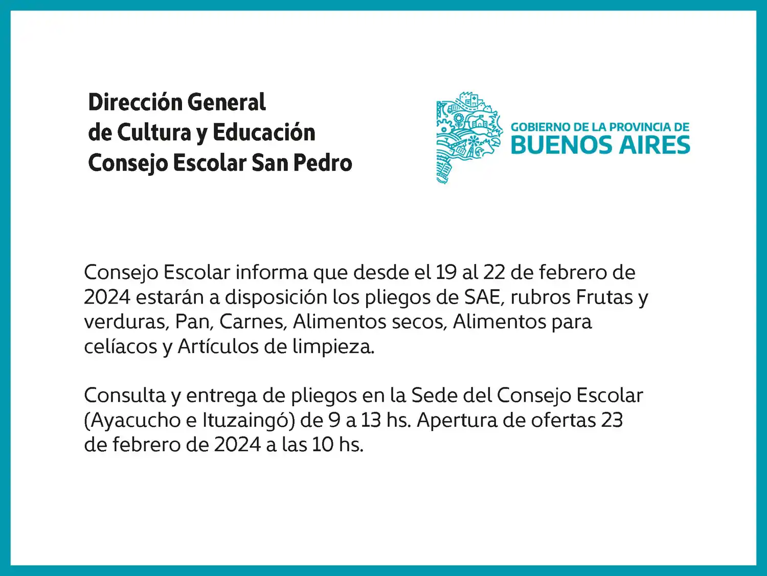 [Publicación Oficial] Consejo Escolar San Pedro: Pliegos SAE disponibles