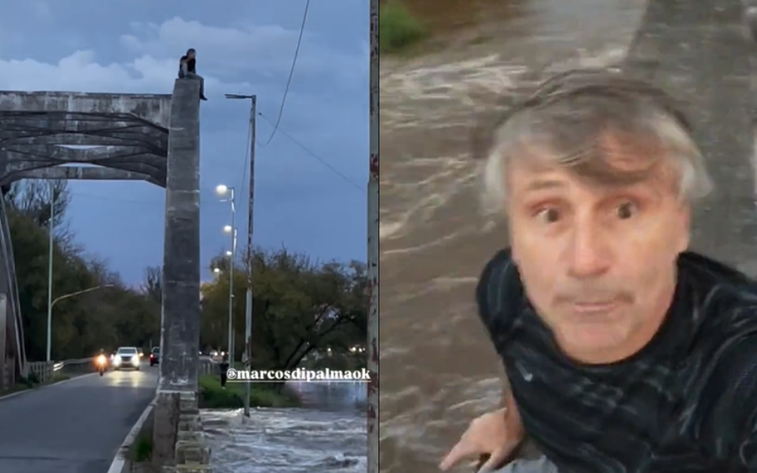 Video: Marcos Di Palma se subió a lo alto de un puente en Arrecifes para mostrar la tremenda crecida del río
