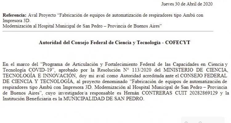 Avalaron el proyecto de fabricación de respiradores con impresoras 3D en San Pedro