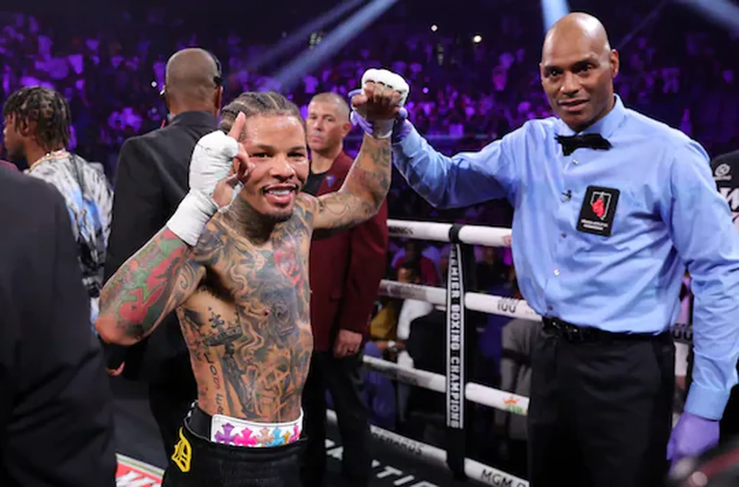 Gervonta Davis poses with referee Harvey Dock after defeating Frank Martin on Saturday at MGM Grand Garden Arena in Las Vegas, Nevada