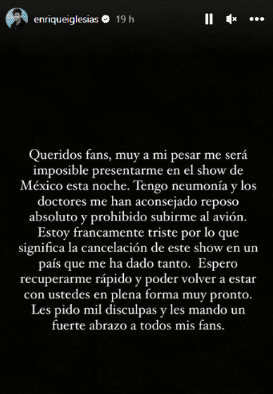 El comunicado de Enrique Iglesias sobre su salud. Foto Instagram